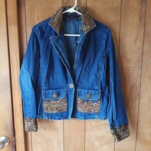 New Direction Embellished Denim Jacket Women’s Small Blue Brocade Trim Boho
